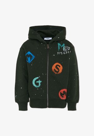 Sweat à capuche zippé vert. Présente des logos peints colorés et des détails éclaboussés. Fabriqué en tissu doux avec des poignets côtelés.