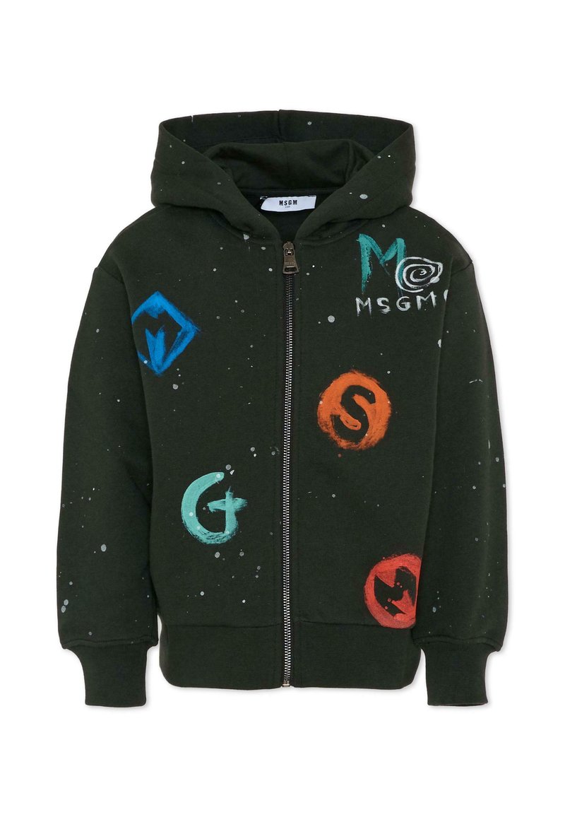 Felpa verde con zip e cappuccio. Presenta loghi dipinti colorati e dettagli di schizzi. Realizzata in morbido tessuto con polsini a coste.