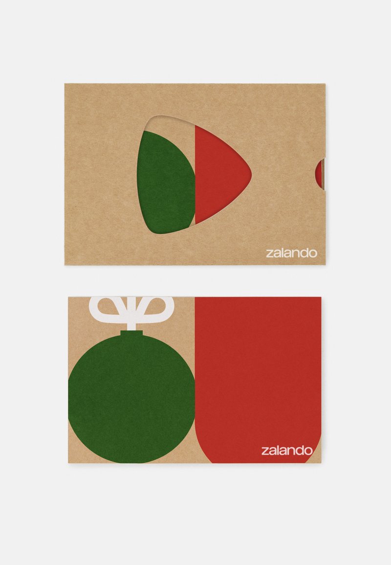 Porta biglietti regalo in cartone kraft con forme ritagliate in verde e rosso, caratterizzato da una forma circolare e un design triangolare. Logo di Zalando stampato in bianco.