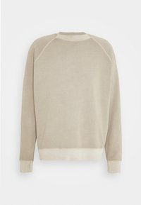Beżowa bluza z raglanowymi rękawami, ściągaczami w mankietach i u dołu. Miękka tekstura, minimalistyczny design i brak widocznych wzorów lub akcentów.