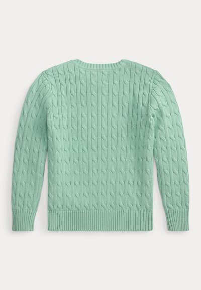 Φωτεινό πράσινο πουλόβερ μακρυμάνικο με πλεκτό σχέδιο καλωδίου, με ριμπ μανσέτες και τελείωμα, απλωμένο επίπεδα και εμφανίζοντας την πίσω πλευρά.