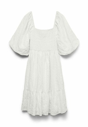 White knee-length dress with puffed elbow sleeves, square neckline, smocked bodice, and gathered skirt on white background.