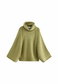 Light green knit sweater with a high, ribbed collar and wide, ribbed sleeves. Textured body with a loose fit and ribbed hem.
