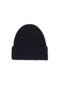 Gorro de punto en azul marino oscuro, con textura acanalada y puño doblado para mayor grosor. Hecho de material suave y cálido.