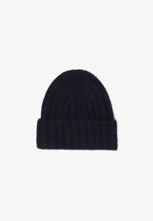 Knit beanie in dark navy, featuring a ribbed texture and folded cuff for added thickness. Made of soft, warm material.