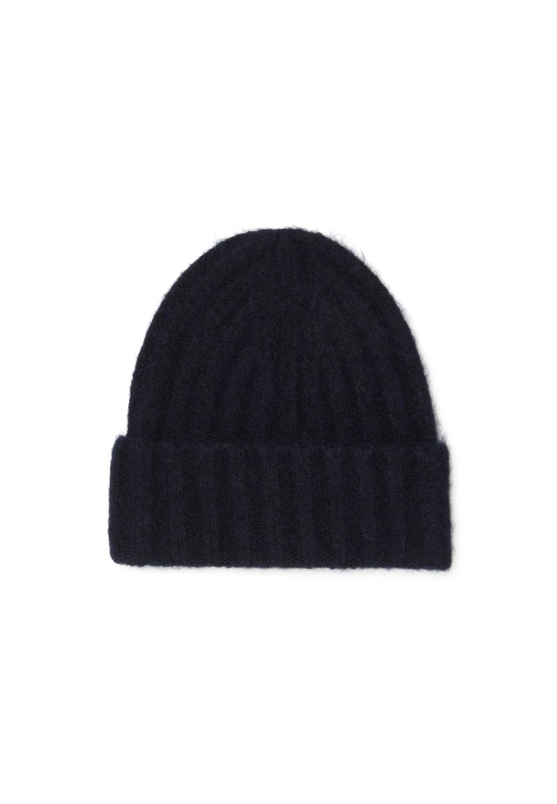 Gorro de punto en azul marino oscuro, con textura acanalada y puño doblado para mayor grosor. Hecho de material suave y cálido.