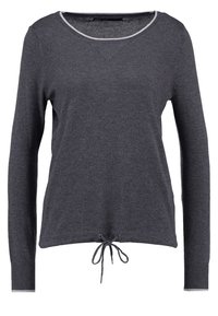 Dark gray long-sleeve sweater with a scoop neckline, drawstring at the hem, and contrasting light gray trim along the collar and cuffs.