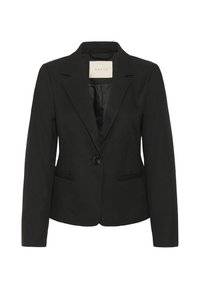 Schwarzer maßgeschneiderter Blazer mit Reverskragen, Ein-Knopf-Verschluss, zwei Fronttaschen und glatter Textur. Innenfutter für zusätzlichen Komfort.