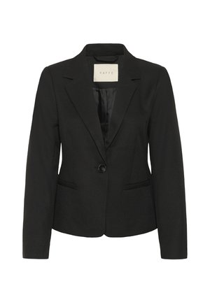 Schwarzer maßgeschneiderter Blazer mit Reverskragen, Ein-Knopf-Verschluss, zwei Fronttaschen und glatter Textur. Innenfutter für zusätzlichen Komfort.