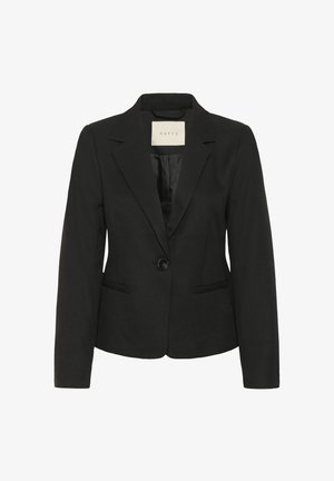 Zwarte op maat gemaakte blazer met een geknipt revers, één knoopsluiting, twee voorkledingzakken en een gladde textuur. Gevoerde binnenkant voor comfort.