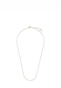 Gouden ketting met een delicate, dunne schakel met een lus sluiting en verstelbare lengte. Glad oppervlak, minimalistisch ontwerp.