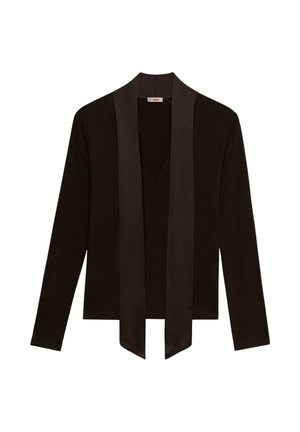 Zwarte lange mouwen cardigan met een V-hals en satijnen afwerking. Gladde textuur, open voorkant ontwerp en rechte mouwen.