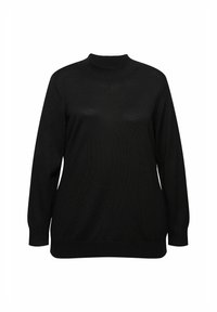 Zwarte gebreide trui met een hoge hals, lange mouwen en een relaxte pasvorm. Het materiaal heeft een soepele textuur zonder patronen of accenten.