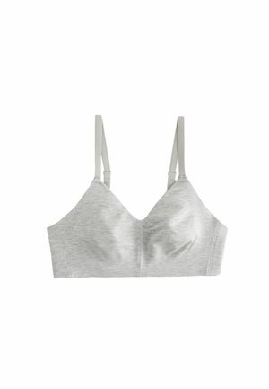 Szary biustonosz typu bralette wykonany z miękkiego, elastycznego materiału. Posiada dekolt w kształcie litery V, regulowane ramiączka oraz bezszwowe wykończenie. Lekki i swobodny styl.