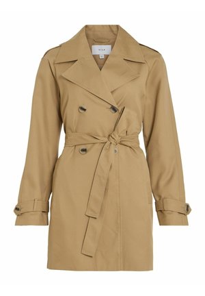 Cappotto beige con frontale a doppio petto, vita con cinturino e polsini abbottonati. Realizzato in tessuto liscio con un design classico del colletto.