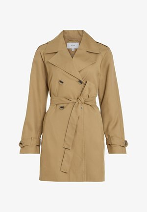 Beige trench coat med dobbeltradet front, belted midje og knappe mansjetter. Laget av glatt stoff med en klassisk kragedesign.
