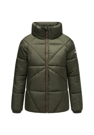 Olivenfarget puffjakk med høy krage, diamantquiltet design, frontglidelås og diskret logodetalj på skulderen.