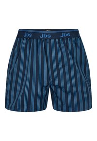 Mørkeblå boxershorts med tynde lodrette lyseblå striber, elastisk talje med logo og afslappet pasform med sidelommer.