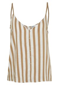 Striped tank top with thin adjustable straps, vertical brown and white stripes, featuring a button-down front and a relaxed fit.