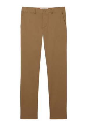 Bruine slim-fit broek van katoen. Voorzien van een rits, voorzakken en riemlussen. Glad oppervlak met een uniforme kleur.