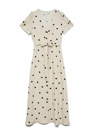 Krém midi ruha fekete pöttyökkel, rövid fodros ujjakkal, elöl gombokkal és megkötős derékövvel.