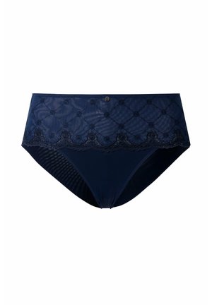 Biancheria intima da donna blu navy con una fascia larga in pizzo decorata con motivi floreali e a diamante e un piccolo ciondolo metallico al centro.