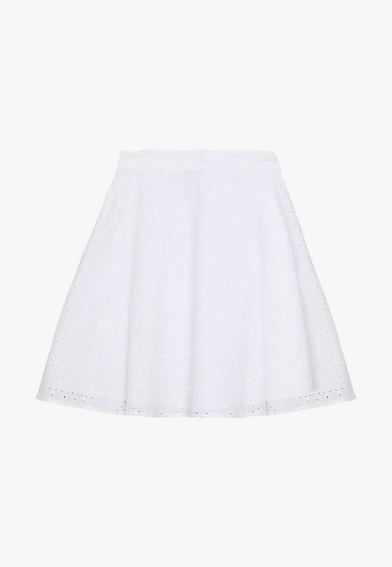 Jupe blanche trapèze avec broderie à œillets, dotée d'une taille ajustée et d'un ourlet évasé.