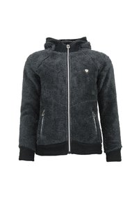 Fuzzyst, mørkegrå hættetrøje med lynlås, raglanÆrmer og to sidelommer. Har en sort stofkant og logo detalje på brystet.