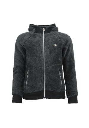 Fuzzyst, mørkegrå hættetrøje med lynlås, raglanÆrmer og to sidelommer. Har en sort stofkant og logo detalje på brystet.