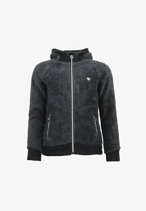 Felpa con zip grigia scura e pelosa, dotata di cappuccio, maniche raglan e due tasche laterali. Presenta un bordo in tessuto nero e un dettaglio del logo sul petto.