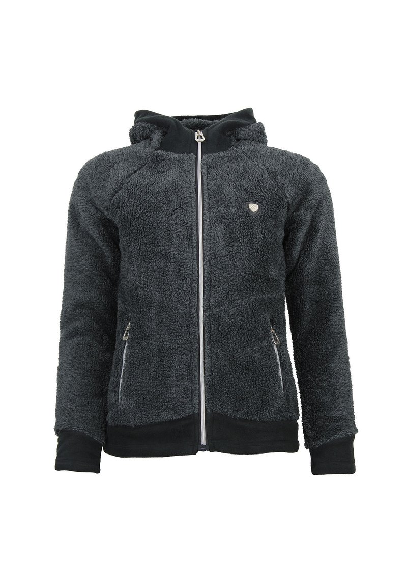 Fuzzyst, mørkegrå hættetrøje med lynlås, raglanÆrmer og to sidelommer. Har en sort stofkant og logo detalje på brystet.