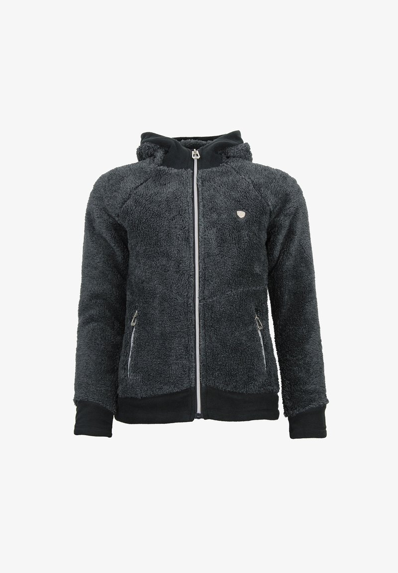 Fuzzyst, mørkegrå hættetrøje med lynlås, raglanÆrmer og to sidelommer. Har en sort stofkant og logo detalje på brystet.