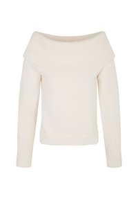 Maglione color crema scollato sulle spalle, realizzato in morbido tessuto a maglia, con maniche lunghe e vestibilità rilassata, bordi e orlo a coste.