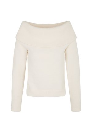 Suéter crema de hombros descubiertos, hecho de una suave tela de punto, con mangas largas y un corte holgado, y con puños y dobladillo acanalados.