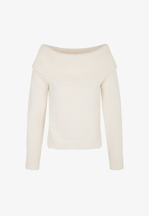 Maglione color crema scollato sulle spalle, realizzato in morbido tessuto a maglia, con maniche lunghe e vestibilità rilassata, bordi e orlo a coste.