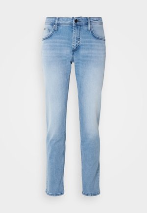 Light blue denim jeans with a straight leg design, faded texture, five pockets, and a standard waistband featuring a single button closure.