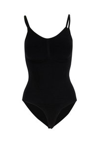 Schwarzer Bodysuit mit dünnen Trägern, nahtlosem Design und einer glatten Textur. Er verfügt über einen hohen Beinausschnitt und subtile Formdetails.