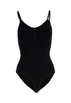 Zwarte bodysuit met dunne banden, naadloos ontwerp en een gladde textuurafwerking, met een hooggesneden been en subtiele vormgevingsdetails.