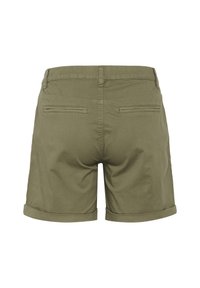 Shorts en coton vert olive avec un ourlet retroussé, dotés de deux poches arrière et d'une taille épurée. Texture lisse et coupe ajustée.