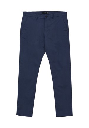 Marineblaue Hosen aus strukturiertem Stoff mit einem subtilen Muster, ausgestattet mit zwei Vorderentaschen und einem Knopfverschluss an der Taille.