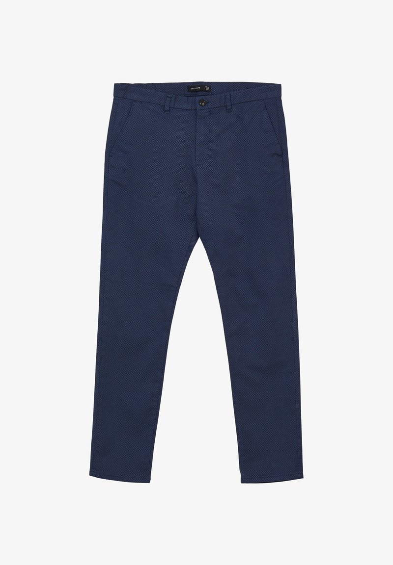 Navy blue trousers made of textured fabric featuring a subtle pattern, with two front pockets and a button closure at the waist.