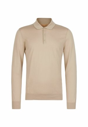 Beige poloshirt met lange mouwen, geribde manchetten en zoom, drie knopen op de knoopsluiting en een klassieke kraag.