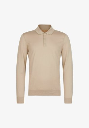 Beżowa koszulka polo z długim rękawem, ściągaczami przy mankietach i dole, trzema guzikami na listwie i klasycznym kołnierzykiem.