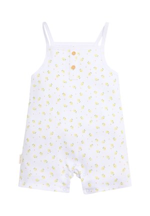 Peto para bebé sin mangas blanco con tirantes finos, estampado de limones amarillos, botones en la parte delantera y cierres a presión en la entrepierna.
