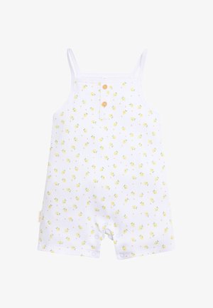 Peto para bebé sin mangas blanco con tirantes finos, estampado de limones amarillos, botones en la parte delantera y cierres a presión en la entrepierna.