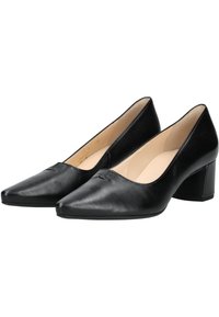 Scarpe nere in pelle con tacco, punta appuntita e tacco basso a blocco. Texture liscia con un leggero apertura nella parte anteriore.