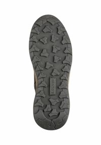 Semelle de chaussure en caoutchouc noir présentant un motif de semelle texturé et multidirectionnel avec des formes géométriques ; marque « S.Oliver » en relief.
