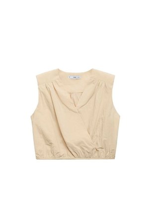 Lichtbeige cropped top met een wikkelontwerp, voorzien van cap sleeves, plooien aan de voorkant en een elastische tailleband voor een aansluitende look.