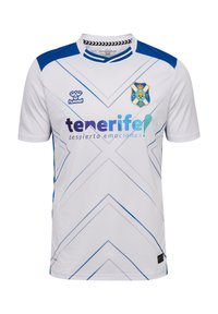 Vit fotbollströja med blå accenter, prydd med en geometrisk design och en laglogotyp. Tillverkad av andningsbart material. Kortärmad.