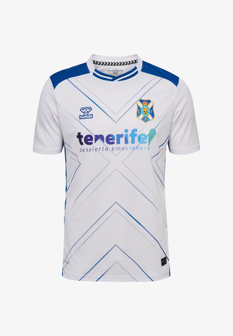 Biała koszulka piłkarska z niebieskimi akcentami, z geometrycznym wzorem i logo drużyny. Wykonana z oddychającego materiału. Krótki rękaw.